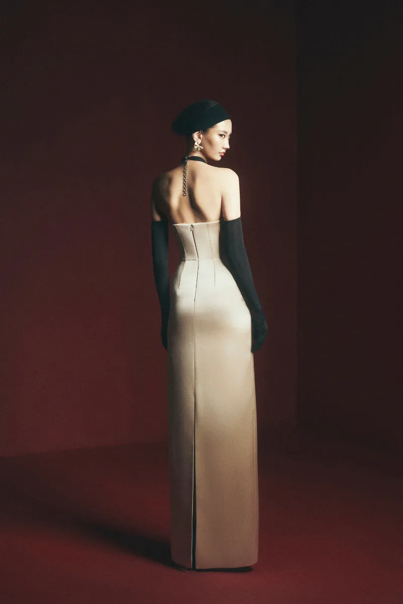 BAUTISTA SHEATH CRISS CROSS NECK SATIN FLOOR LENGTH DRESS