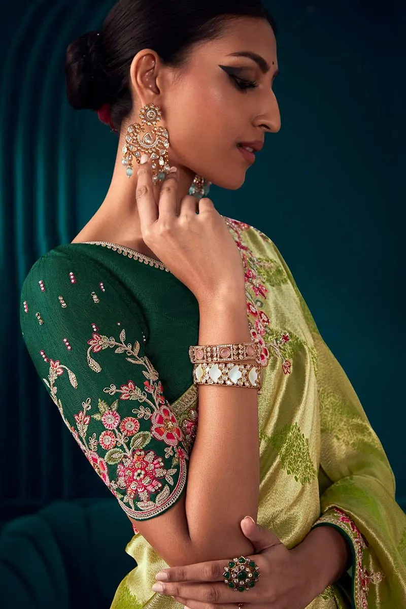 Beautiful Designer Pista Colour Banarasi Kanjivaram Saree