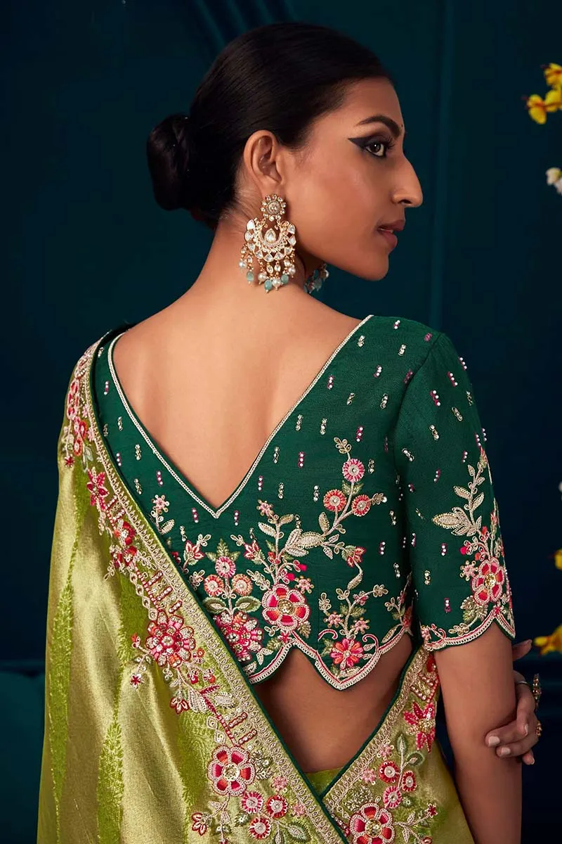 Beautiful Designer Pista Colour Banarasi Kanjivaram Saree