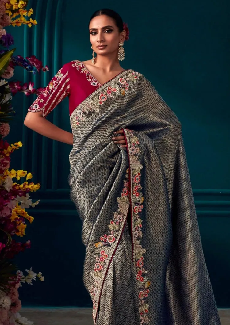 Beautiful Designer Silver Black Banarasi Kanjivaram Wedding Saree