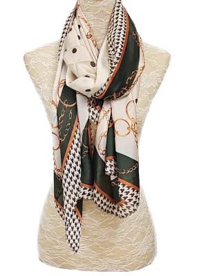 Beige & Green Chain Printed Silk Feel Scarf