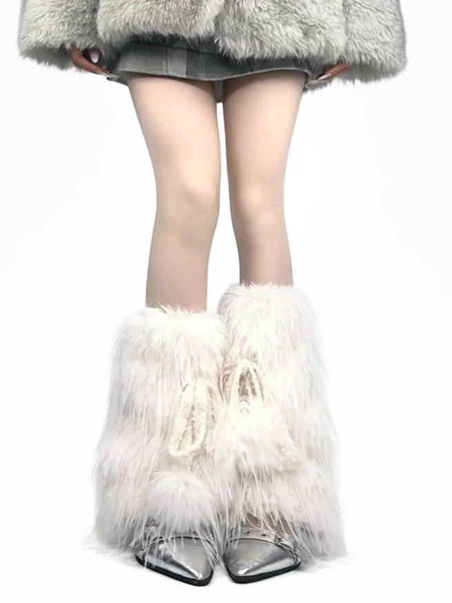 Black/White/Purple Y2K Shaggy Bowknot Leg Warmers With Pompons
