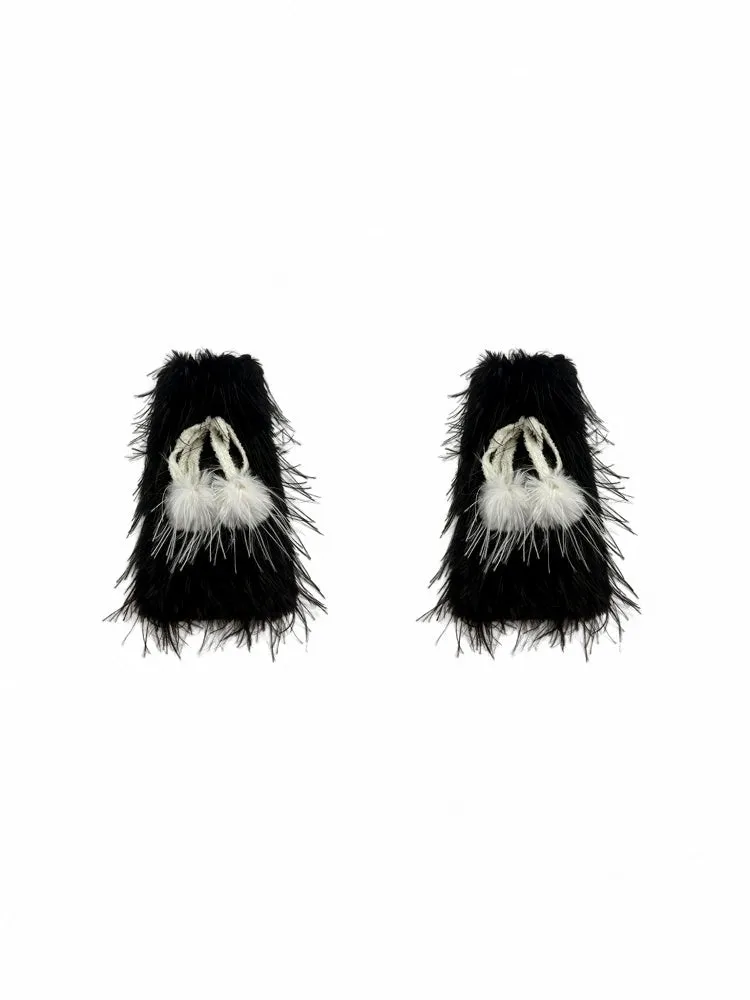 Black/White/Purple Y2K Shaggy Bowknot Leg Warmers With Pompons