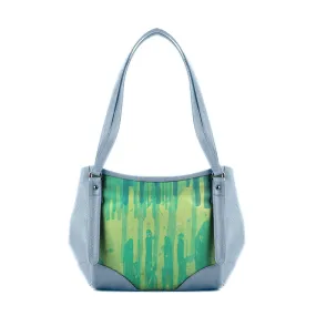 Blue Leather Tote Bag Green Lines
