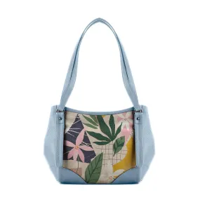 Blue Leather Tote Bag Leafs