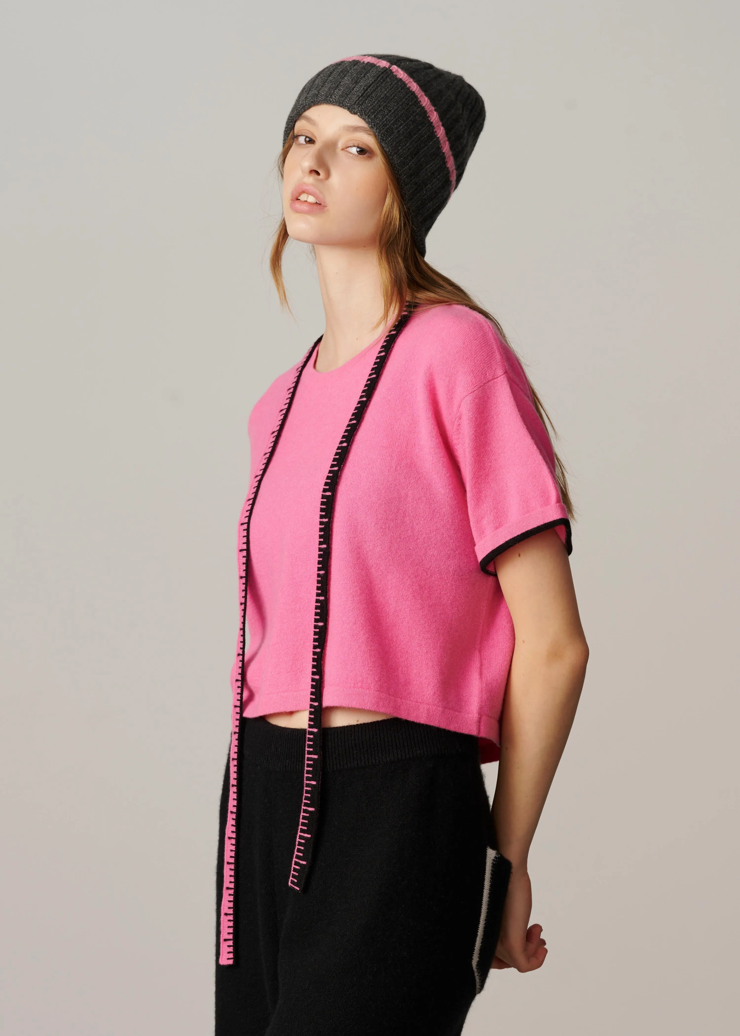 Cashmere Rib Knit Beanie - Charcoal with Pink Stripe