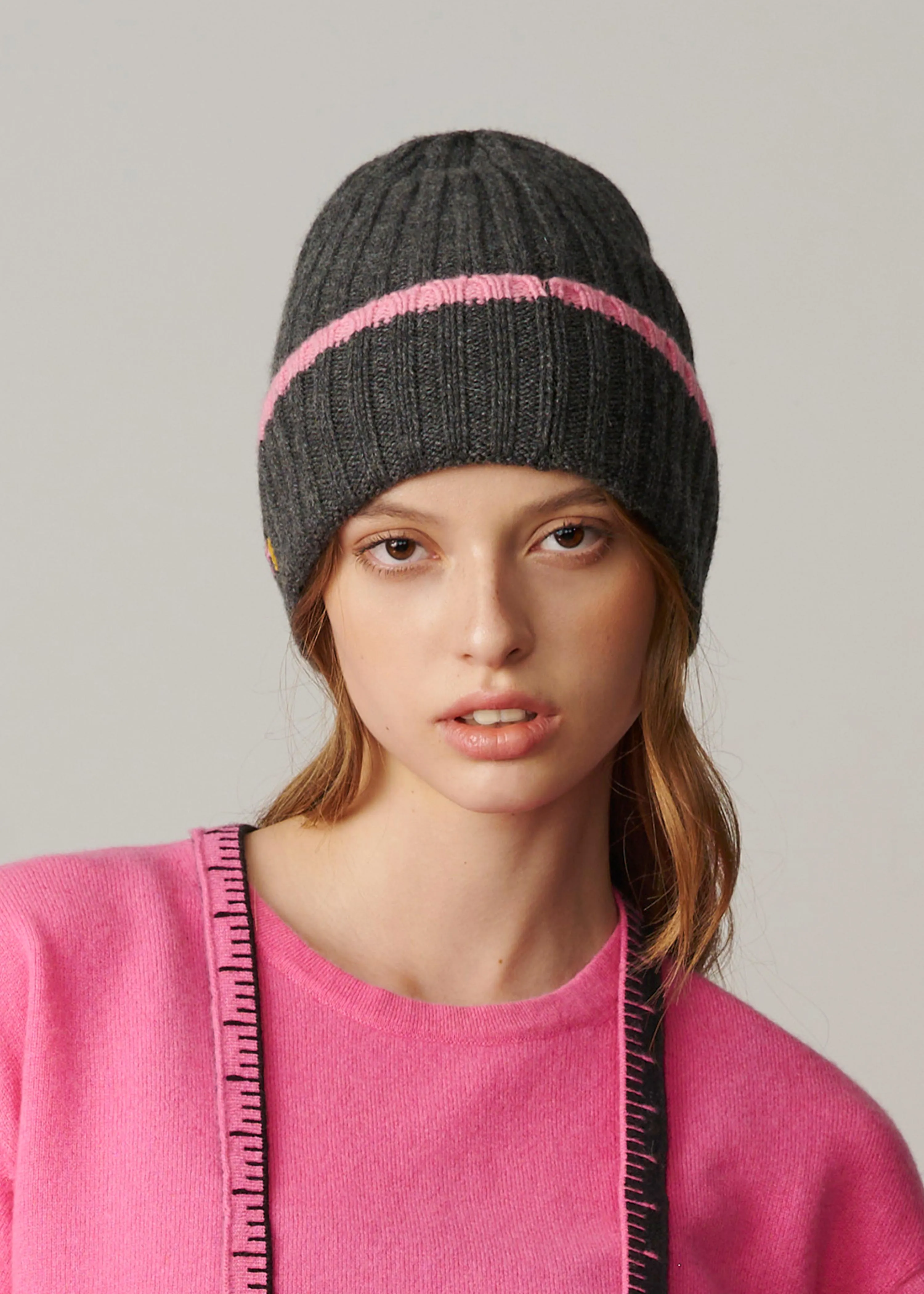 Cashmere Rib Knit Beanie - Charcoal with Pink Stripe