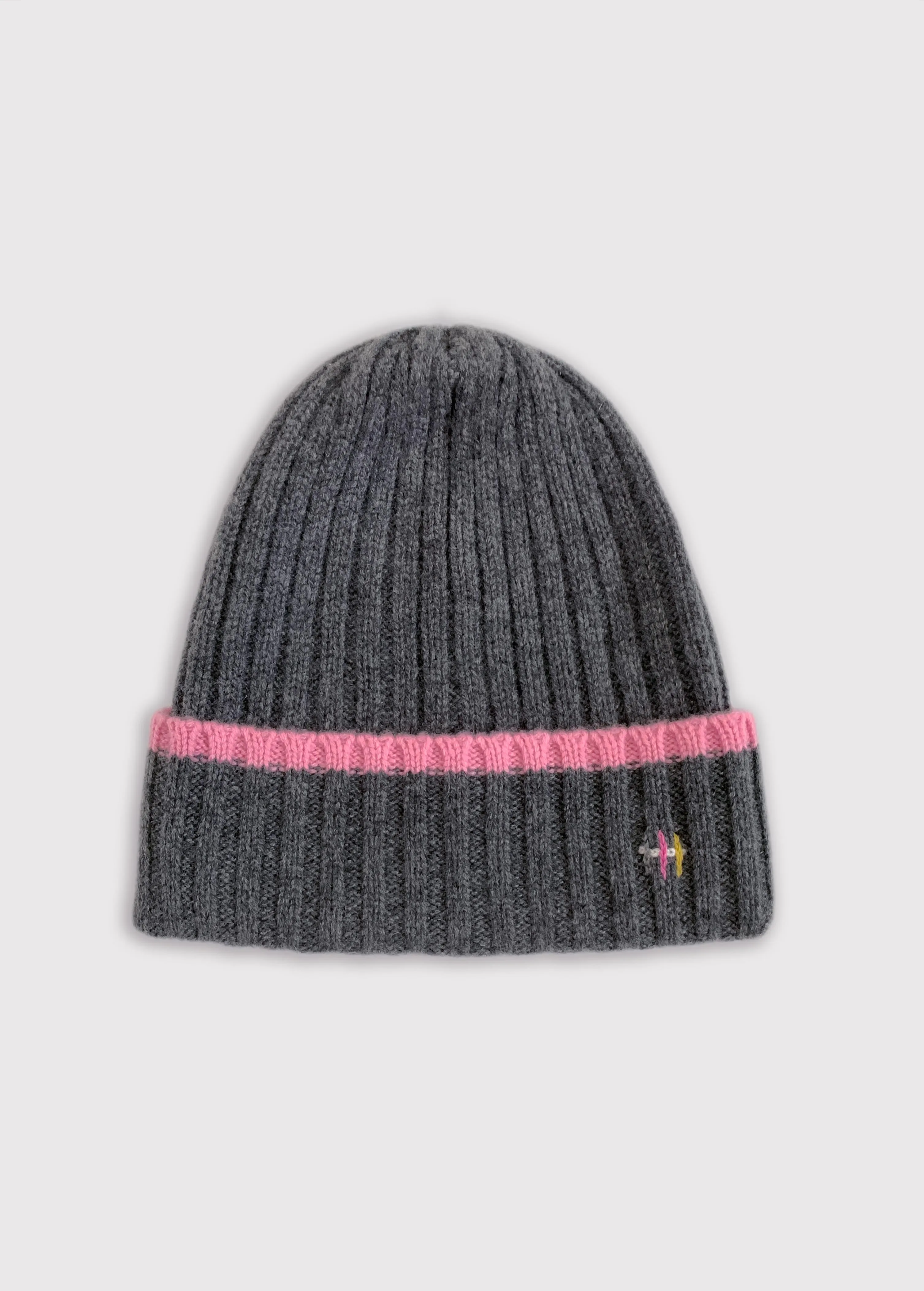 Cashmere Rib Knit Beanie - Charcoal with Pink Stripe