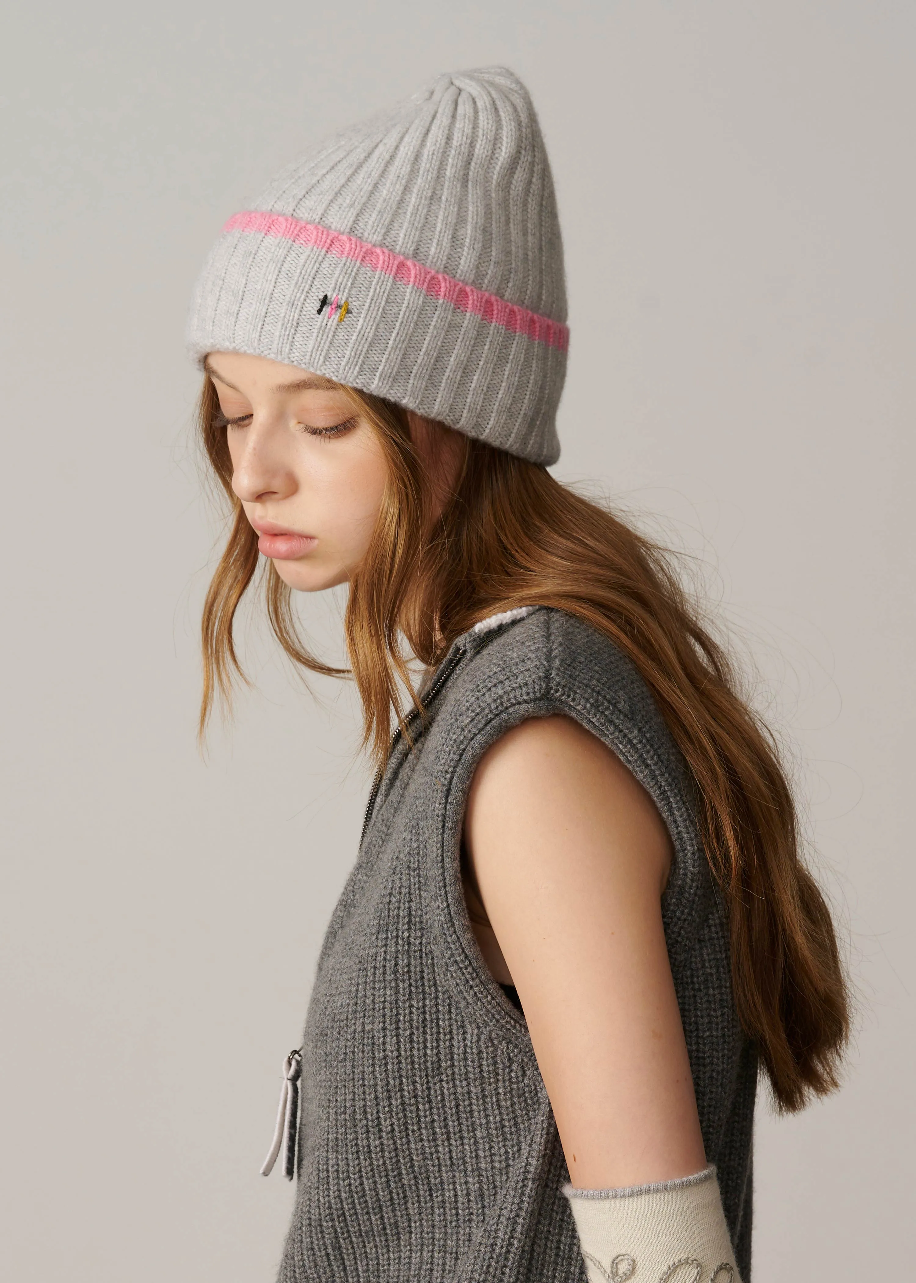 Cashmere Rib Knit Beanie - Grey with Pink Stripe