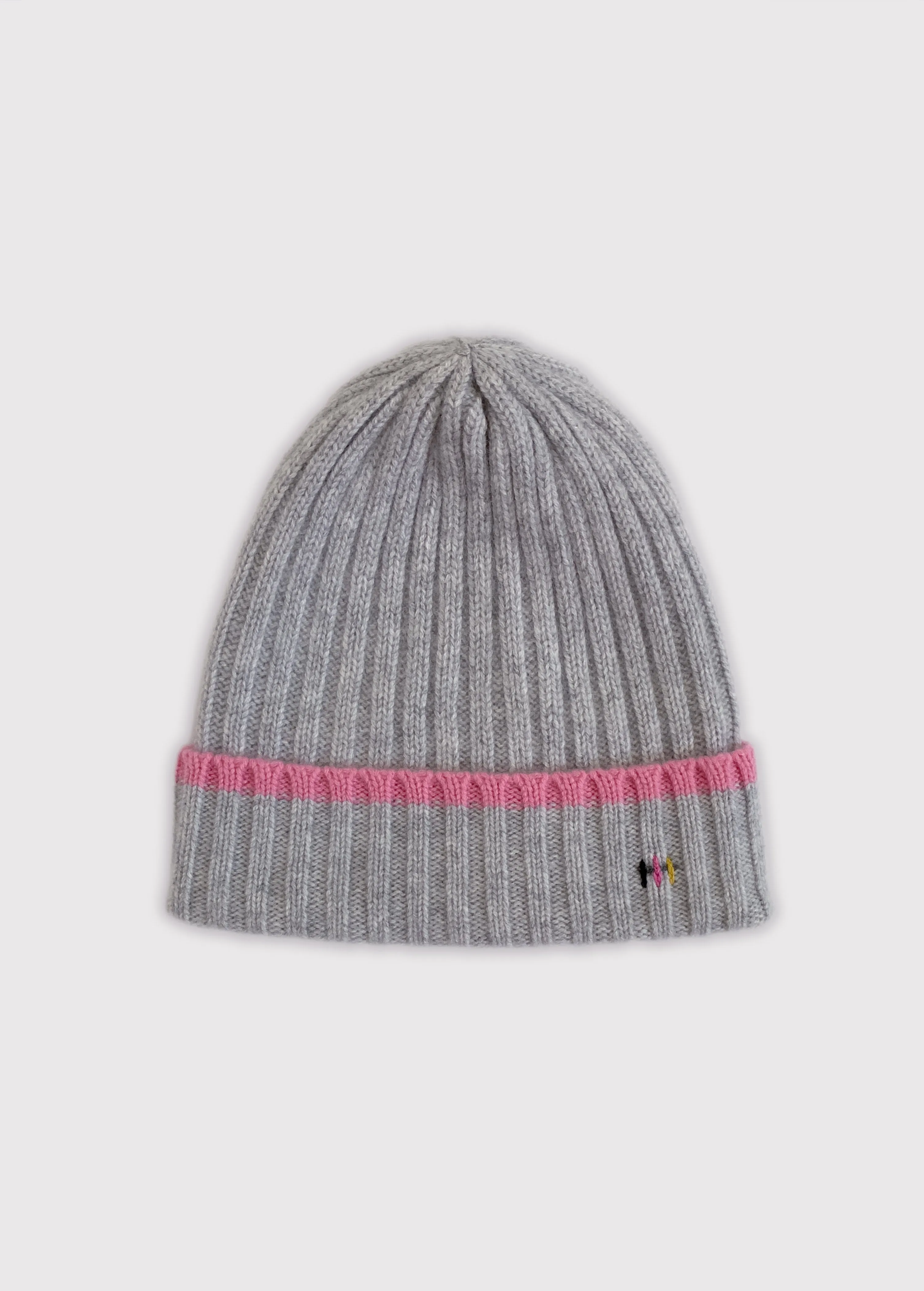 Cashmere Rib Knit Beanie - Grey with Pink Stripe