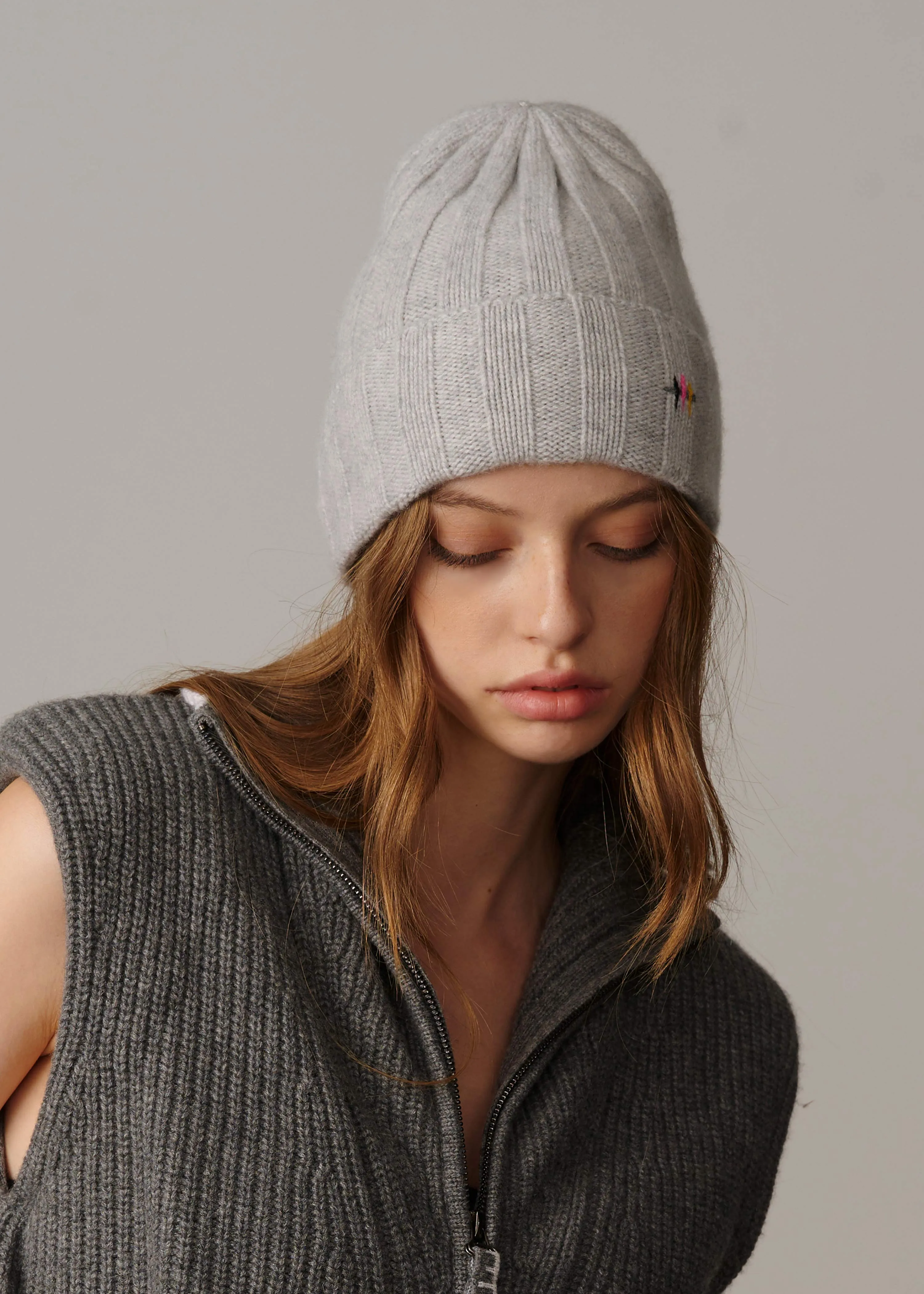 Cashmere Rib Knit Beanie - Grey