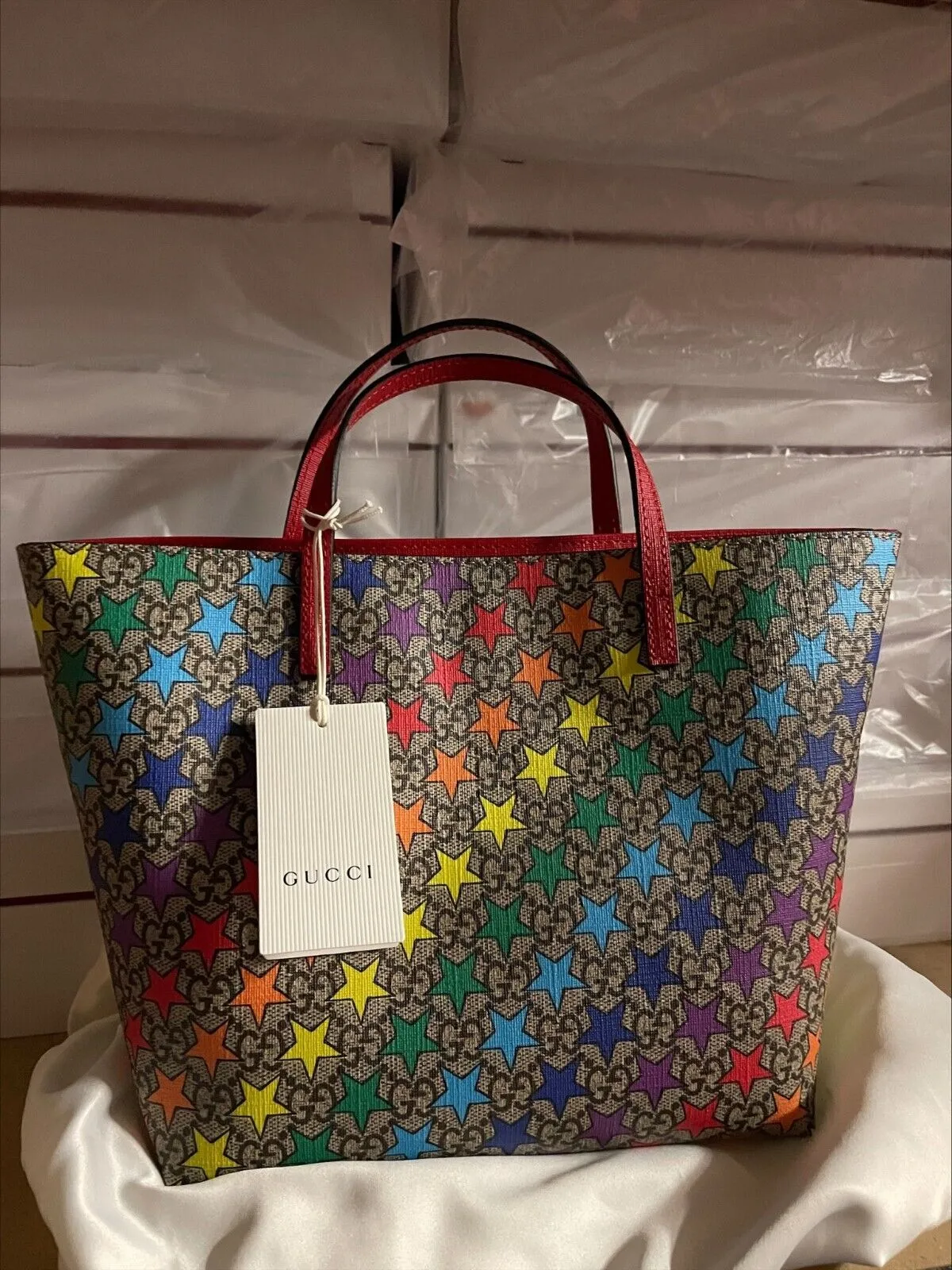 Gucci GG Childrens Rainbow Stars Leather Supreme Tote Handbag Bag Italy Red NEW