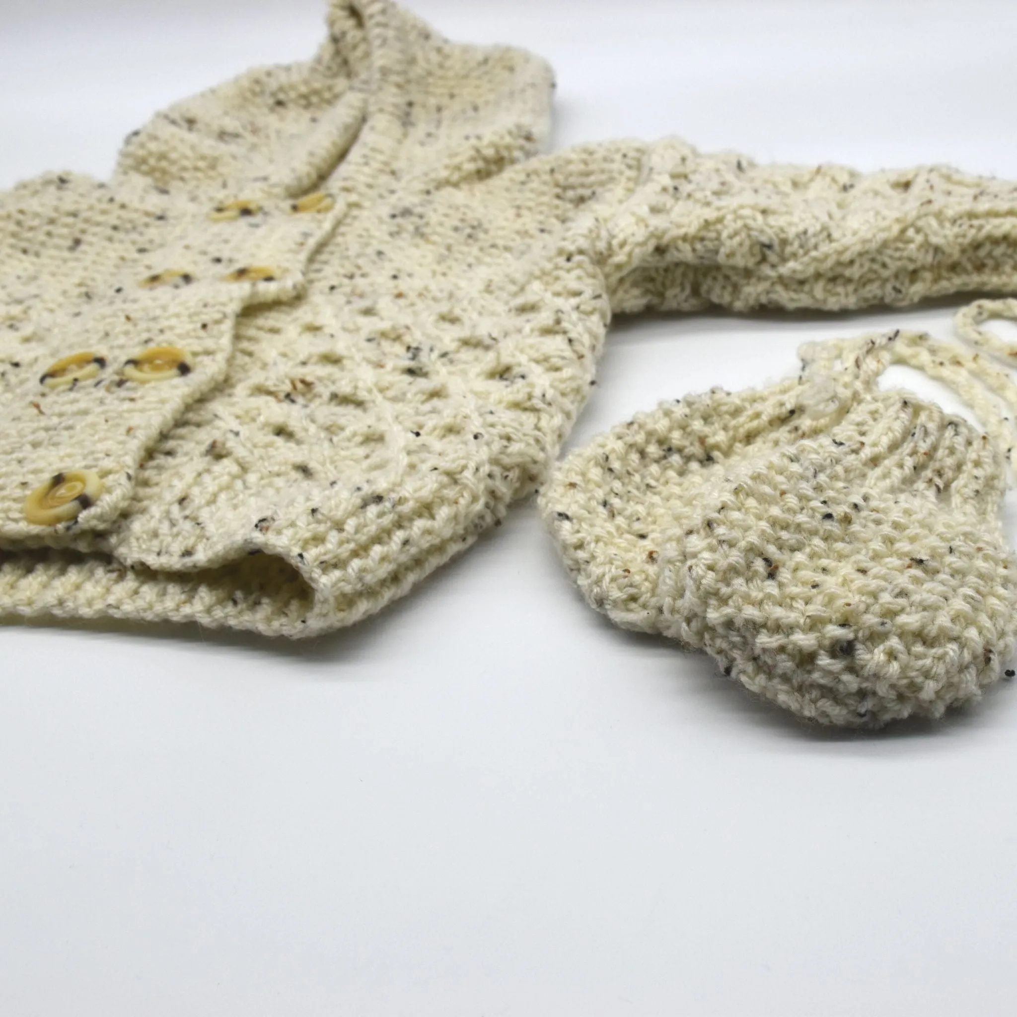 Handmade Knitted Baby Cardigan with Hood and Mittens Natural