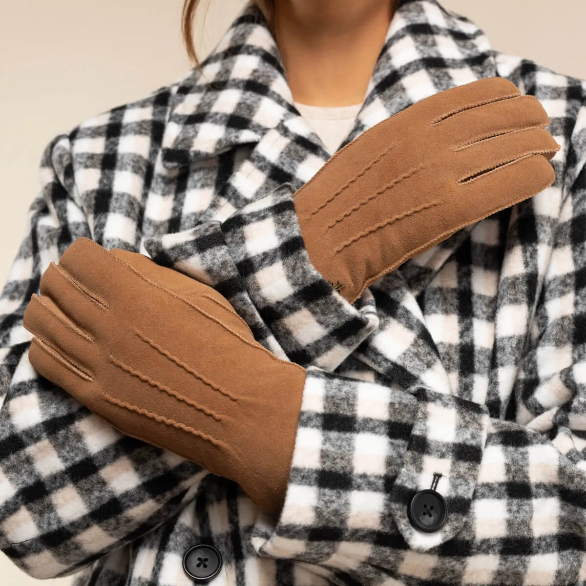 Josie (camel) - suede goatskin leather gloves with luxurious shearling lining