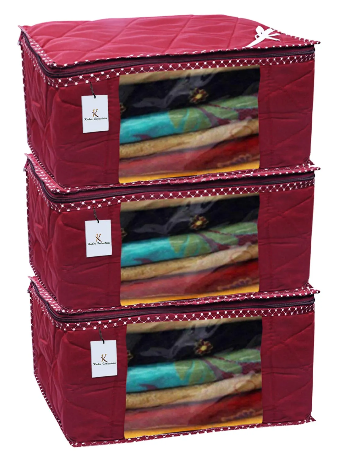 Kuber Industries 3 Layered Quilted 3 Pieces Cotton Saree Cover Set (Maroon) - CTKTC23170, Standard