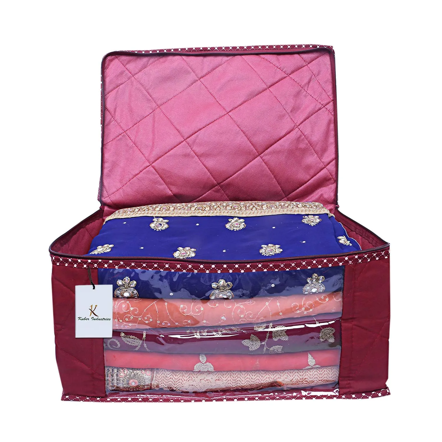 Kuber Industries 3 Layered Quilted 3 Pieces Cotton Saree Cover Set (Maroon) - CTKTC23170, Standard