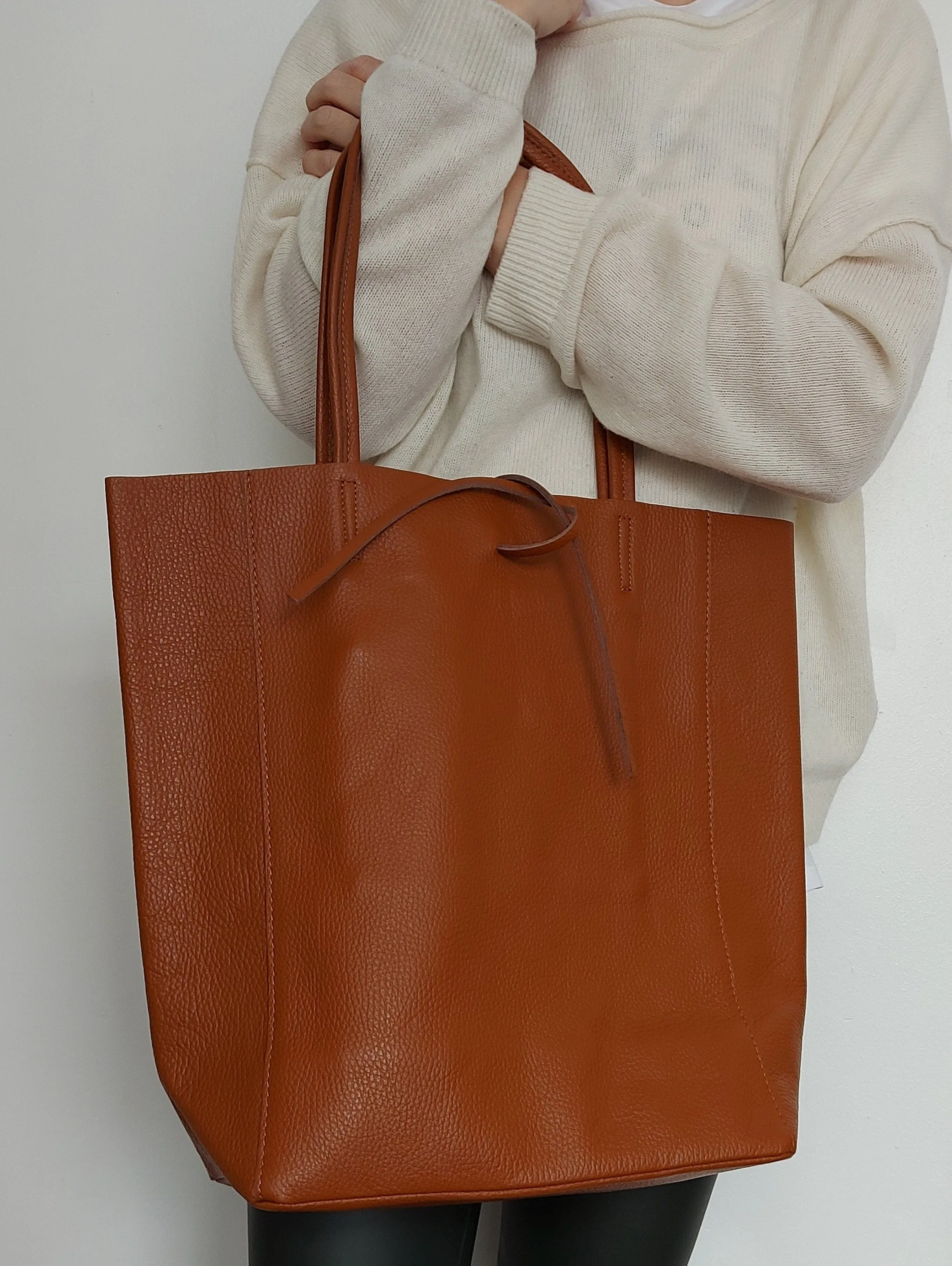 Light Grey Genuine Leather Shopper Bag Large Leather Tote Bag
