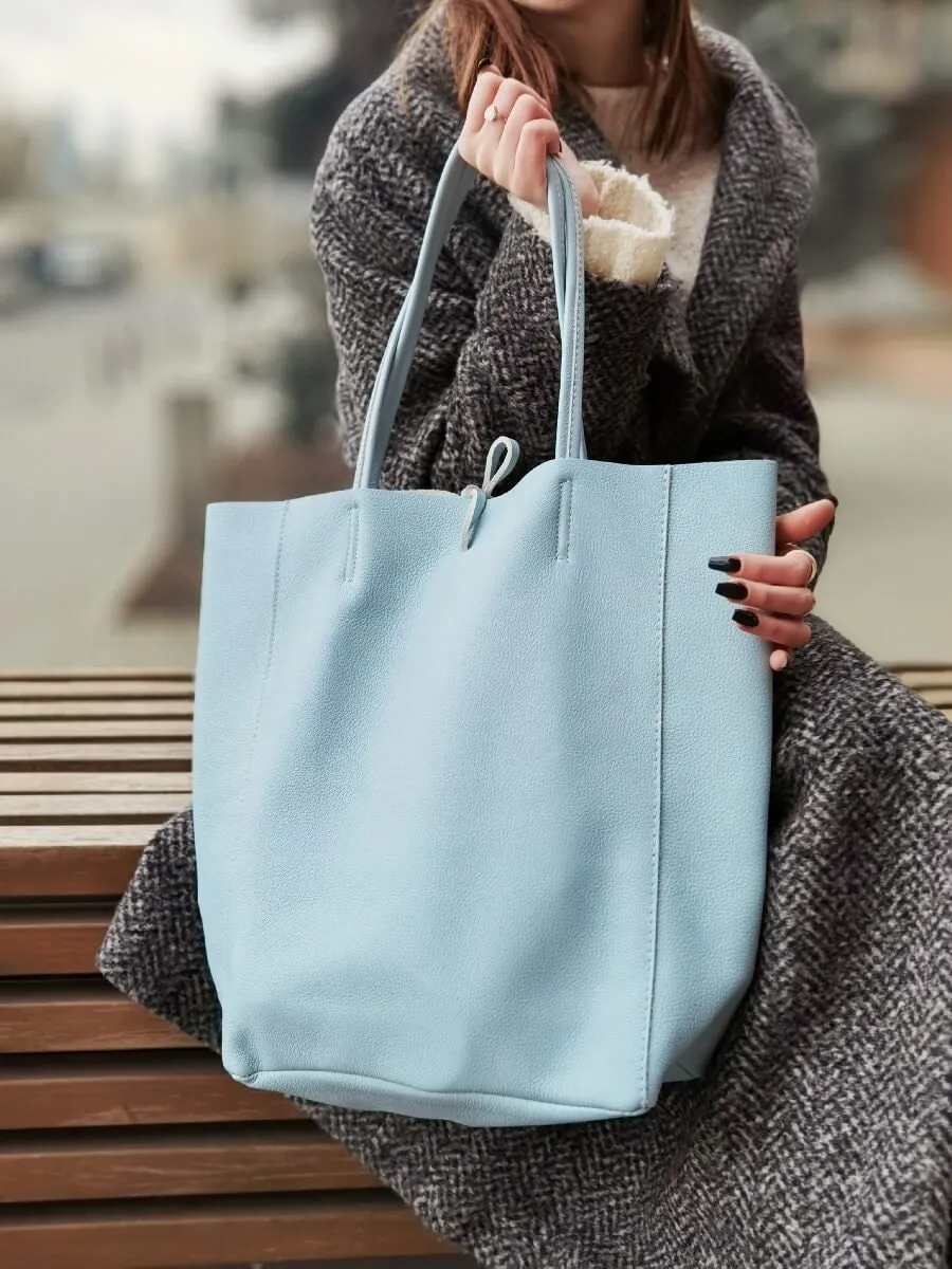 Pale Blue Genuine Leather Shopper Bag Large Leather Tote Bag