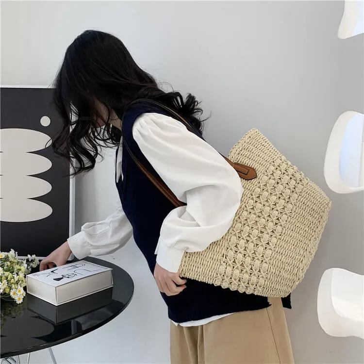 Vintage Women'S Woven Straw Handbags-Showtown