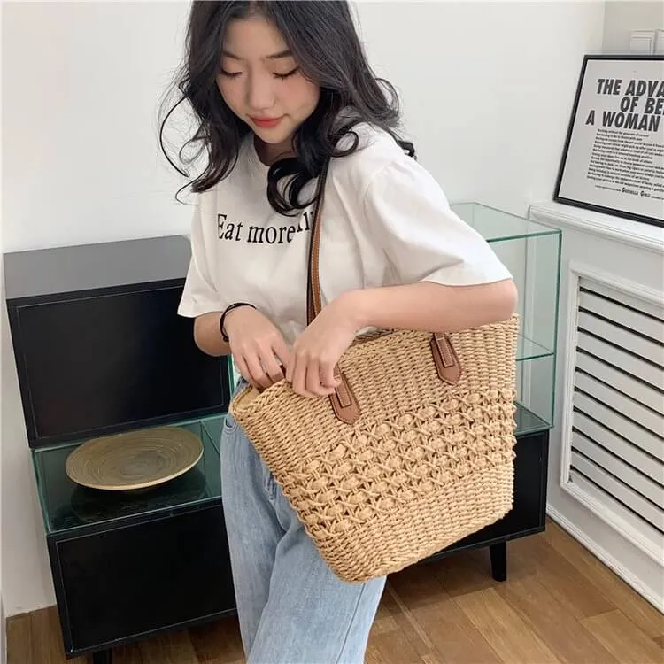 Vintage Women'S Woven Straw Handbags-Showtown