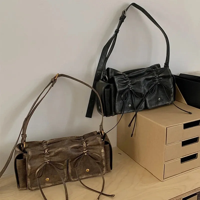 Vvsha Moto & Bike Drawstring Bow Bags For Women Luxury Designer Handbags And Purses 2023 New In Vintage Pleated Shoulder Crossbody